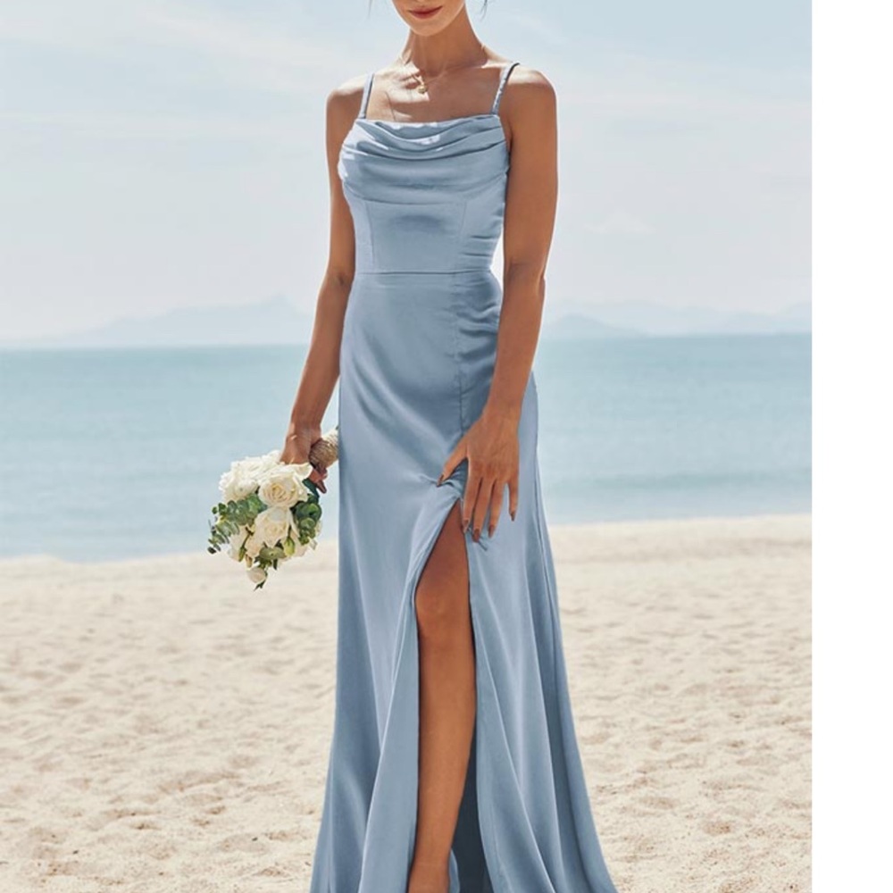 Blue Maxi Gown with Cowl Neck Sleeveless Design and High Slit for Weddings